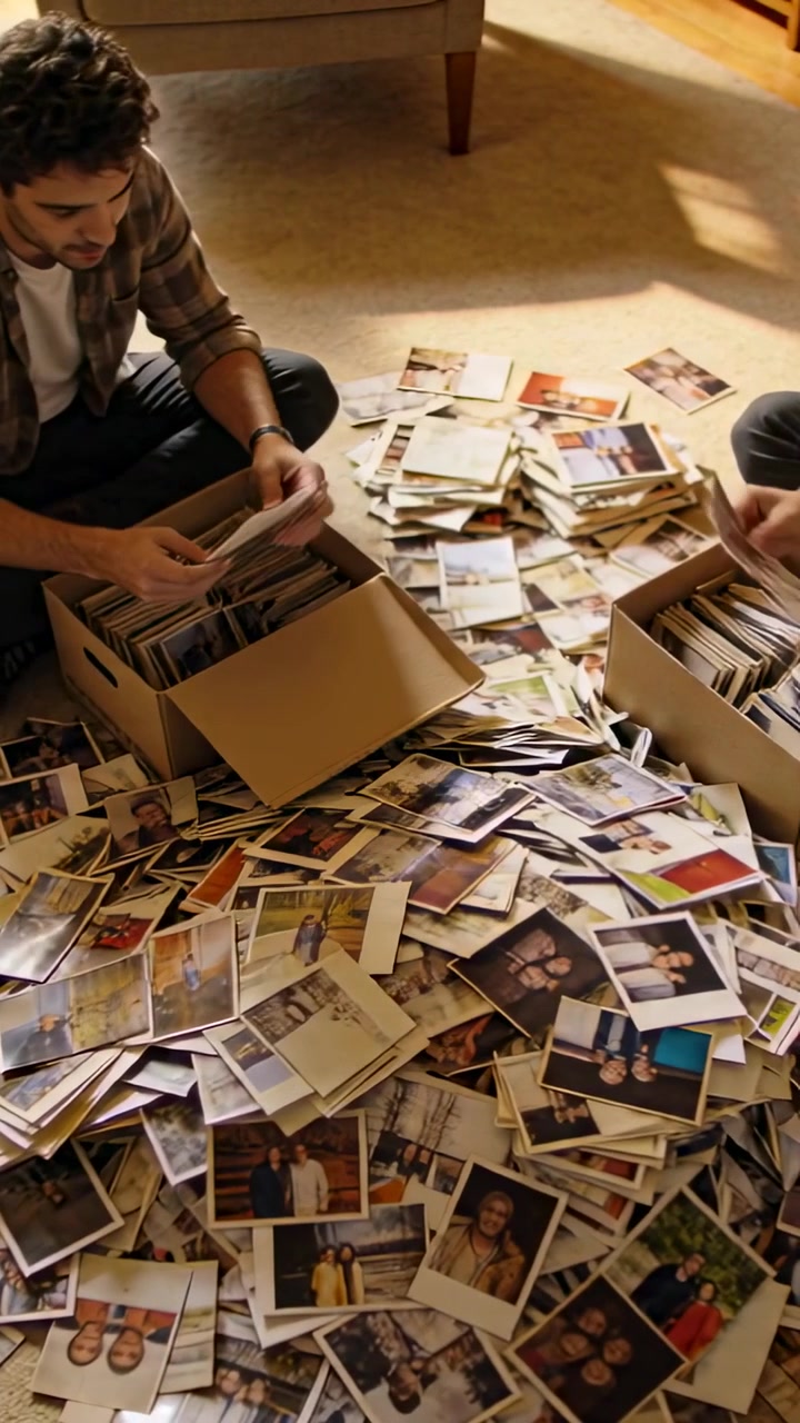 Vertical video: Sorting man in plaid shirt picking prints on carpet from pile, packing into boxes