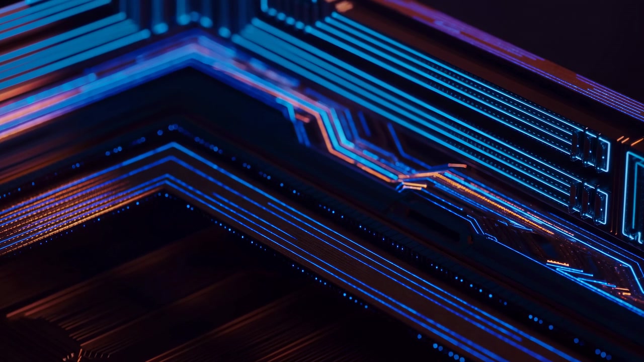Macro primo piano di un substrato elettronico stratificato che mostra lo stato di alimentazione con tracce conduttive blu neon luminose, riflessi arancioni caldi, texture raffinata e un sorprendente ritmo visivo diagonale.