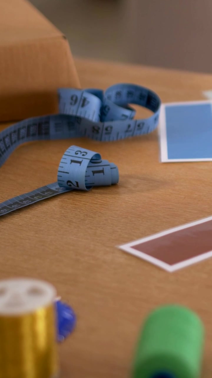 Vertical video: Panning camera moving across craft table, showing gold bobbin, measuring tape, box