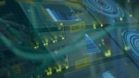 processing data animation over electronic circuit board with bar graphs and indicators