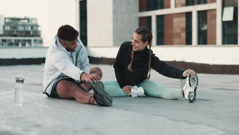 fitness, couple and stretching in the city