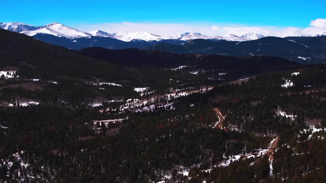 Nederland Eldora Historic Central City Parkway Black Hawk Idaho Springs aerial drone Colorado Rocky Mountains Indian Peaks Gilpin County Gold mining winter snow bluesky sunny clouds forward pan up