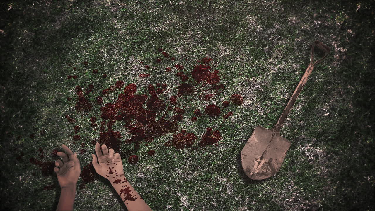 fondo de terror místico con sangre oscura y manos y pala 1