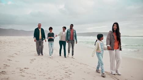 big family, holding hands and beach walking