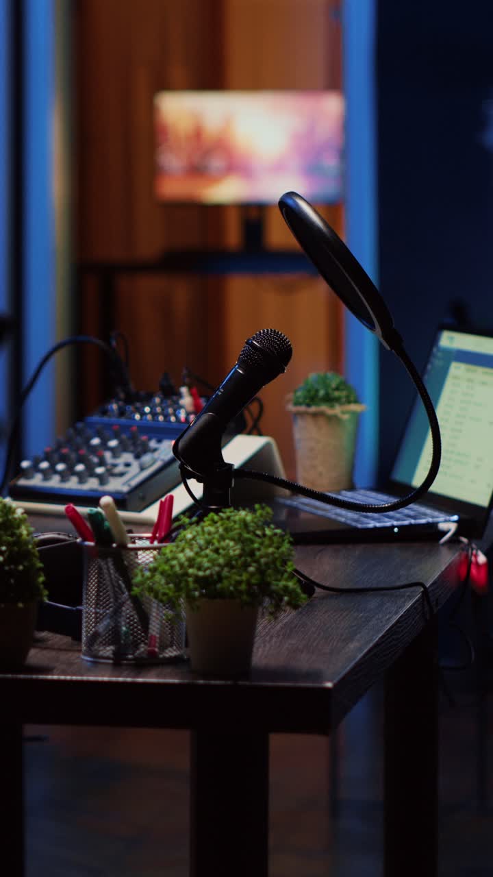 Vertical video Empty desk in home production studio with podcast equipment technology