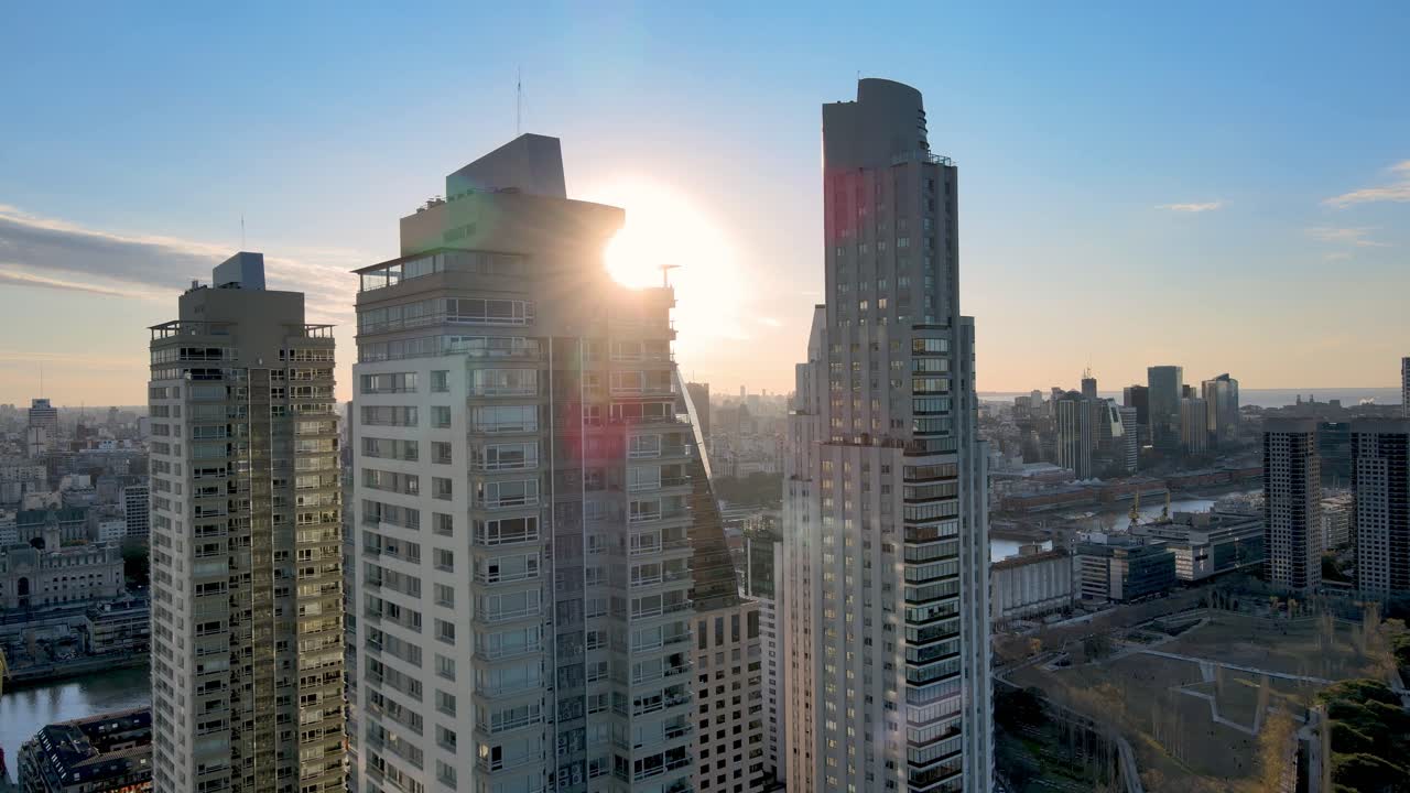 4K Aerial Drone Footage of Puerto Madero Modern Living Apartments and Offices with Sunset Cityscape