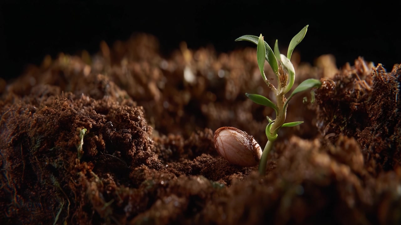 Plántula emergente rompiendo la tierra en suelo fértil, simbolizando el crecimiento, la renovación y el ciclo de vida de la semilla a la planta en un entorno oscuro y terroso.