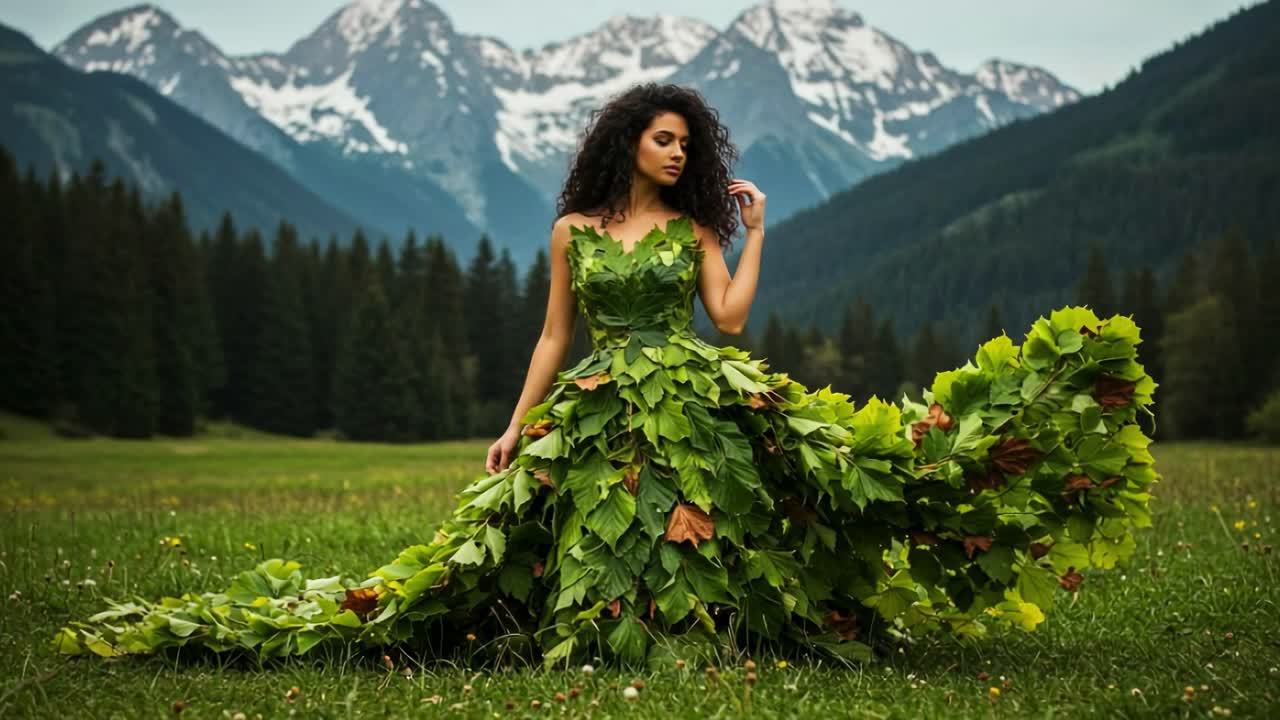 Model showcases stunning leaf gown in a serene mountain field surrounded by lush greenery and majestic peaks during golden hour