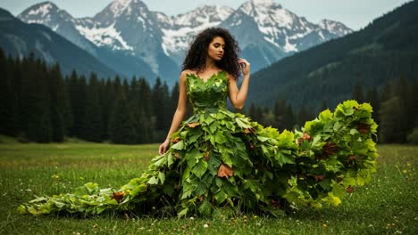 model showcases stunning leaf gown in a serene mountain field surrounded by lush greenery and majestic peaks during golden hour
