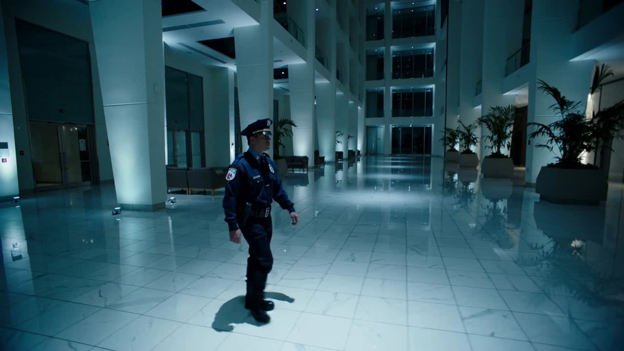 Routine patrol starting, officer walking through marble atrium, scanning space for security