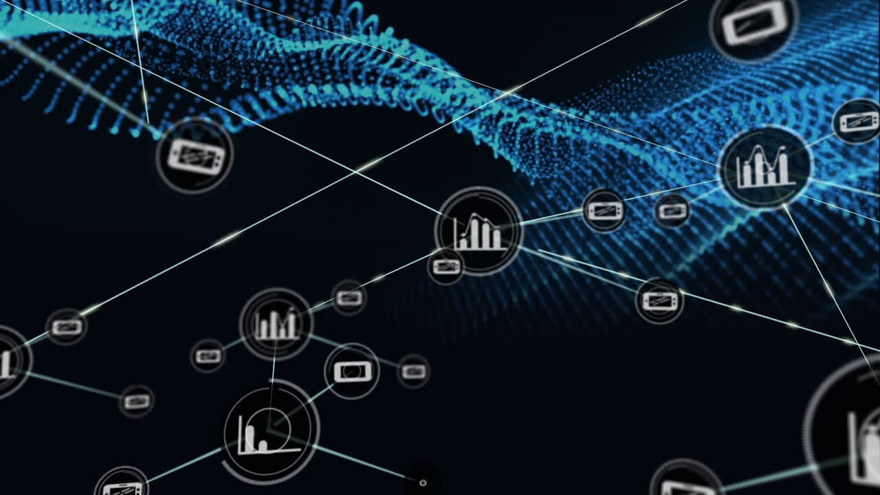 Animation of network of connections with icons over blue net