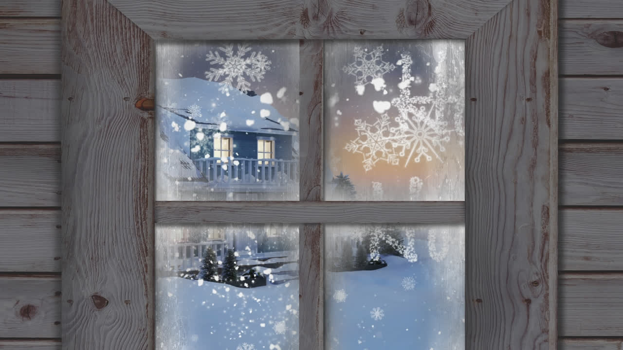 Wooden window frame against happy holidays text and snow falling over winter landscape
