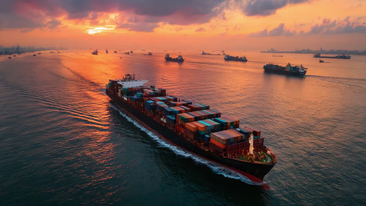 Majestic Container Ship Navigating through Serene Waters at Sunset, Surrounded by Other Vessels in a Stunning Maritime Landscape