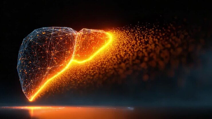 A mesmerizing digital representation of a liver, showcasing its intricate structure with glowing nodes and particles, emphasizing the organ's importance in human anatomy