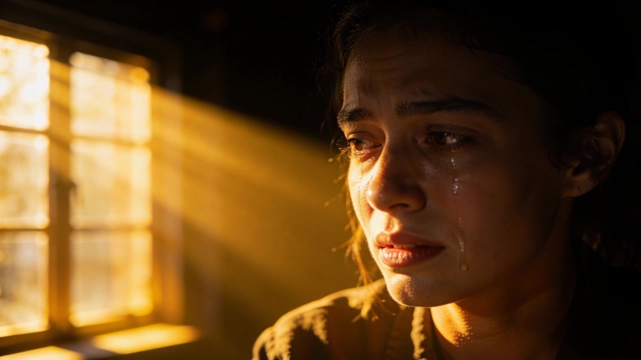 Woman in brown shirt reacting to sun through multi-pane window, shedding tear down cheek at home