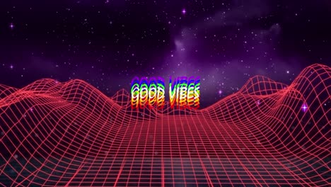 Animation-of-good-vibes-text-with-shapes-over-digital-mountains-and-stars-on-black-background