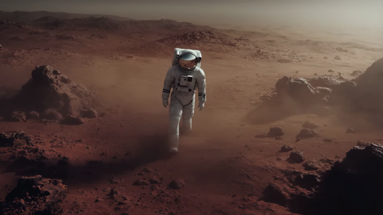Astronaut Exploring the Martian Landscape | Premium Stock Video Footage