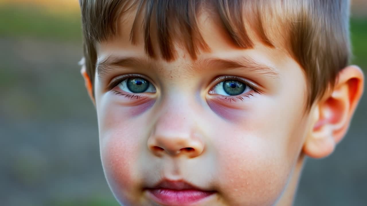 이 초상화는 눈에 띄는 파란 눈을 가진 어린 소년을 보여주고 있으며, 그의 순진한 표정은 호기심과 사려 깊음을 반영하며, 어린 시절의 본질을 클로즈업 으로 포착합니다.