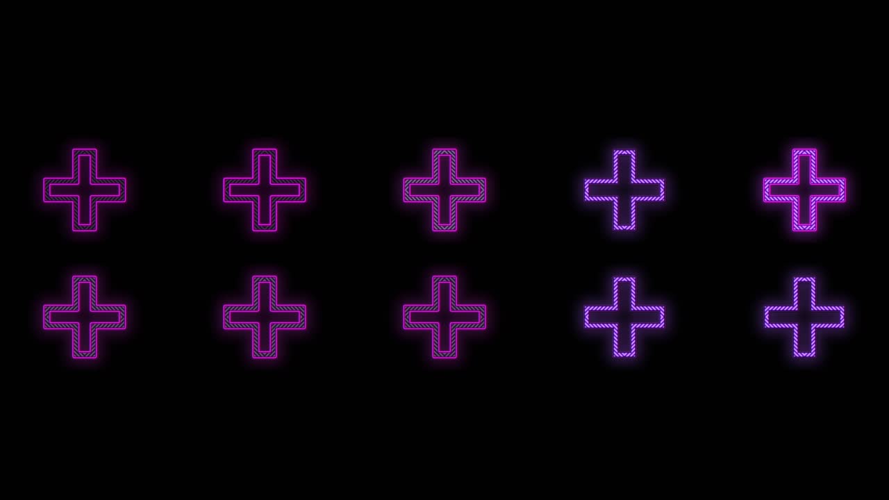 네온 보라색 더하기 기호 패턴이 행으로 깜박임