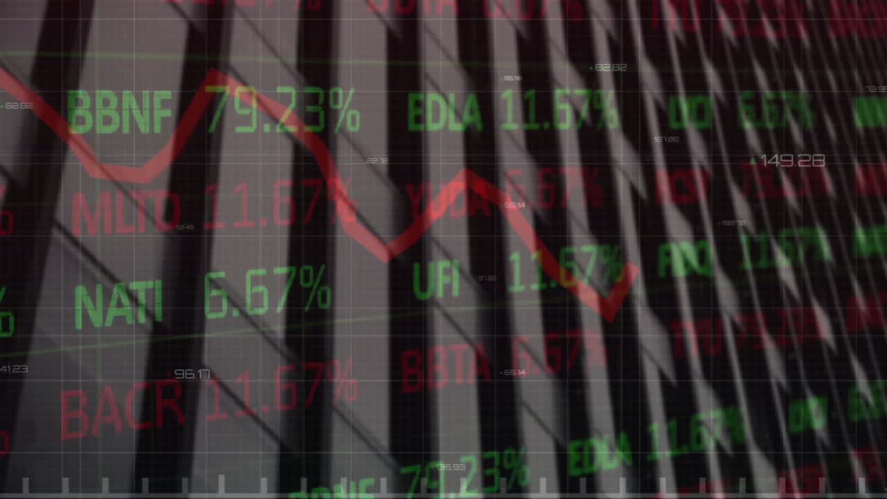 animación del procesamiento de datos financieros sobre el edificio de oficinas