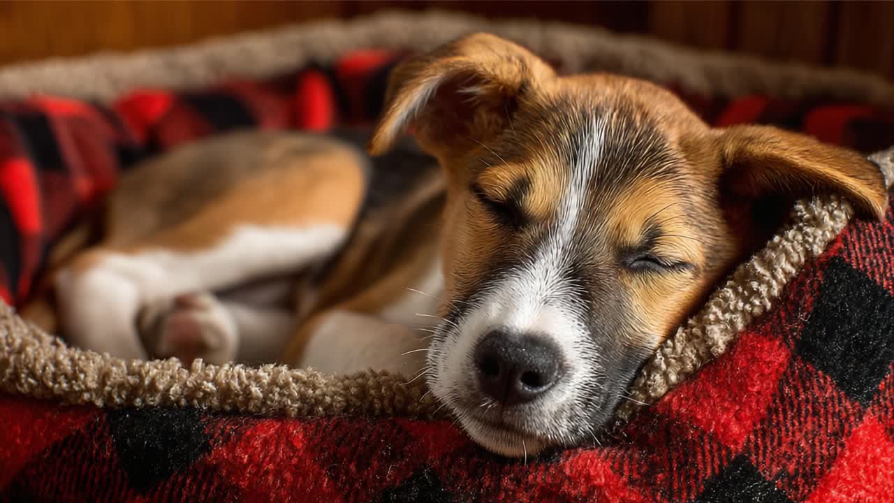A Cherished Sleep: A Cute Puppy Nestled Comfortably in a Cozy Bed, Enjoying Restful Moments in Warm Softness, Radiating Love and Serenity