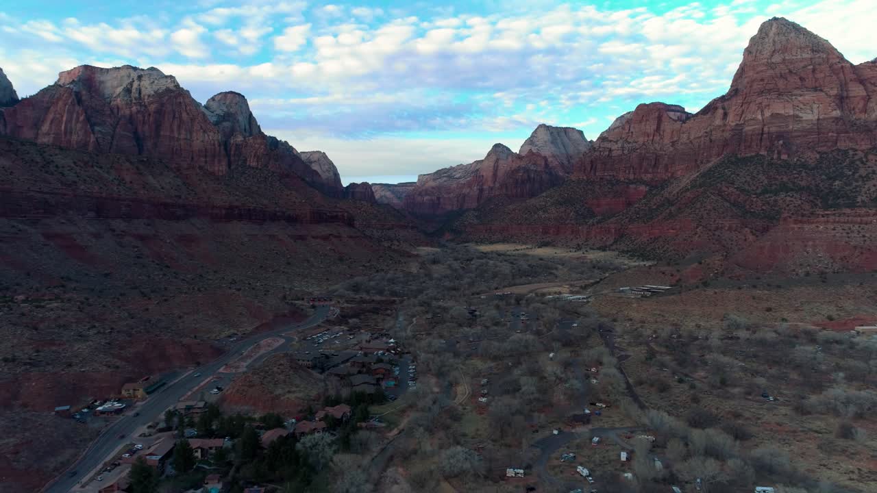 Drone aerial view of the Zion National Park entrance and giant valley.
