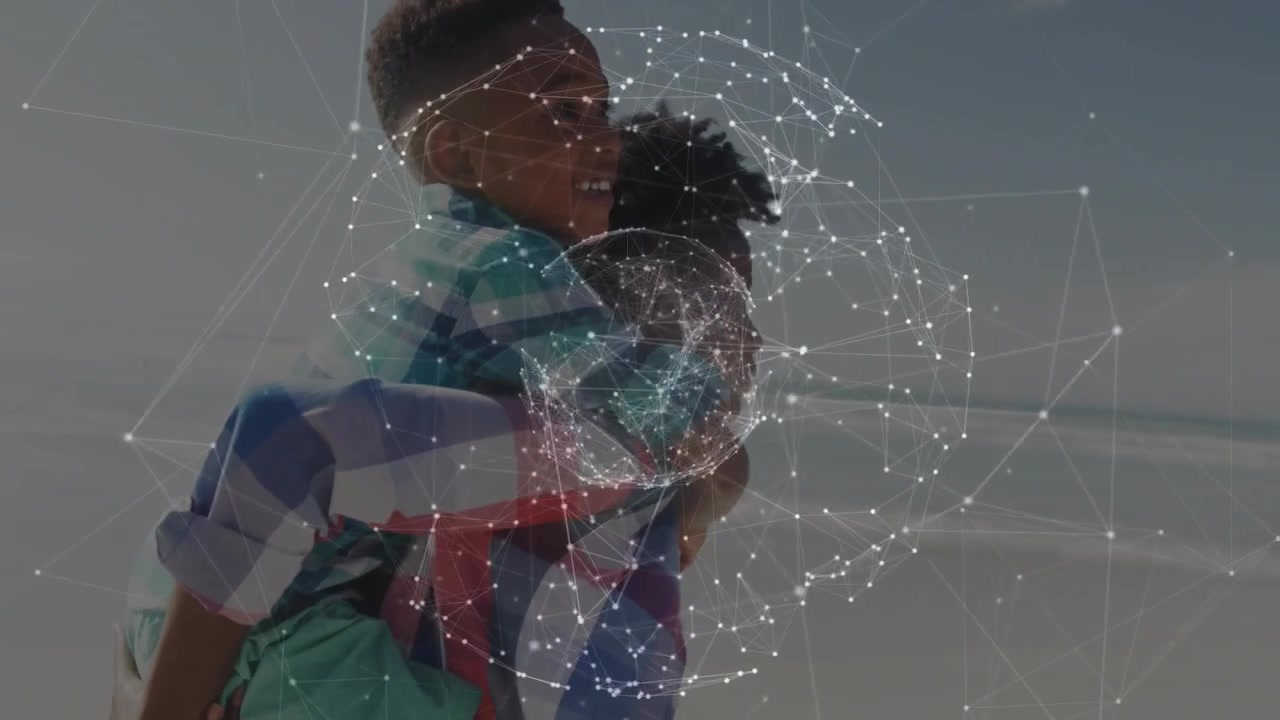 Mom carrying child on beach as climbing on back bonding while tech globe overlaying them rotating