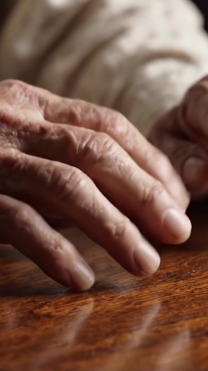 Um Estudo em Close-Up de Mãos Envelhecidas Repousando em uma Superfície de Madeira, Refletindo a Sabedoria e as Histórias de uma Vida em Cada Vinco e Linha