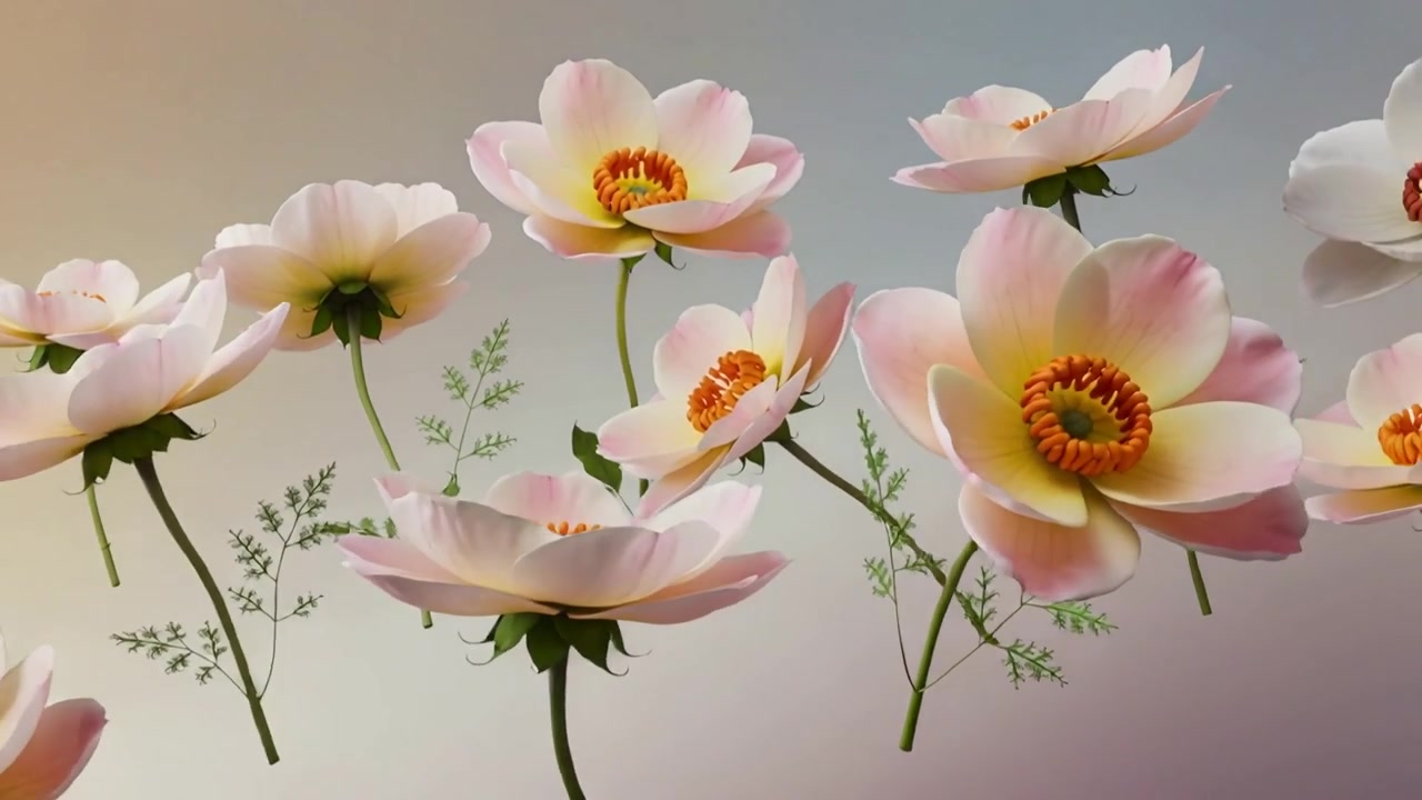 Flores flutuantes formando uma faixa centralizada enquanto os quadros progridem em um gradiente, mostrando centros laranja.