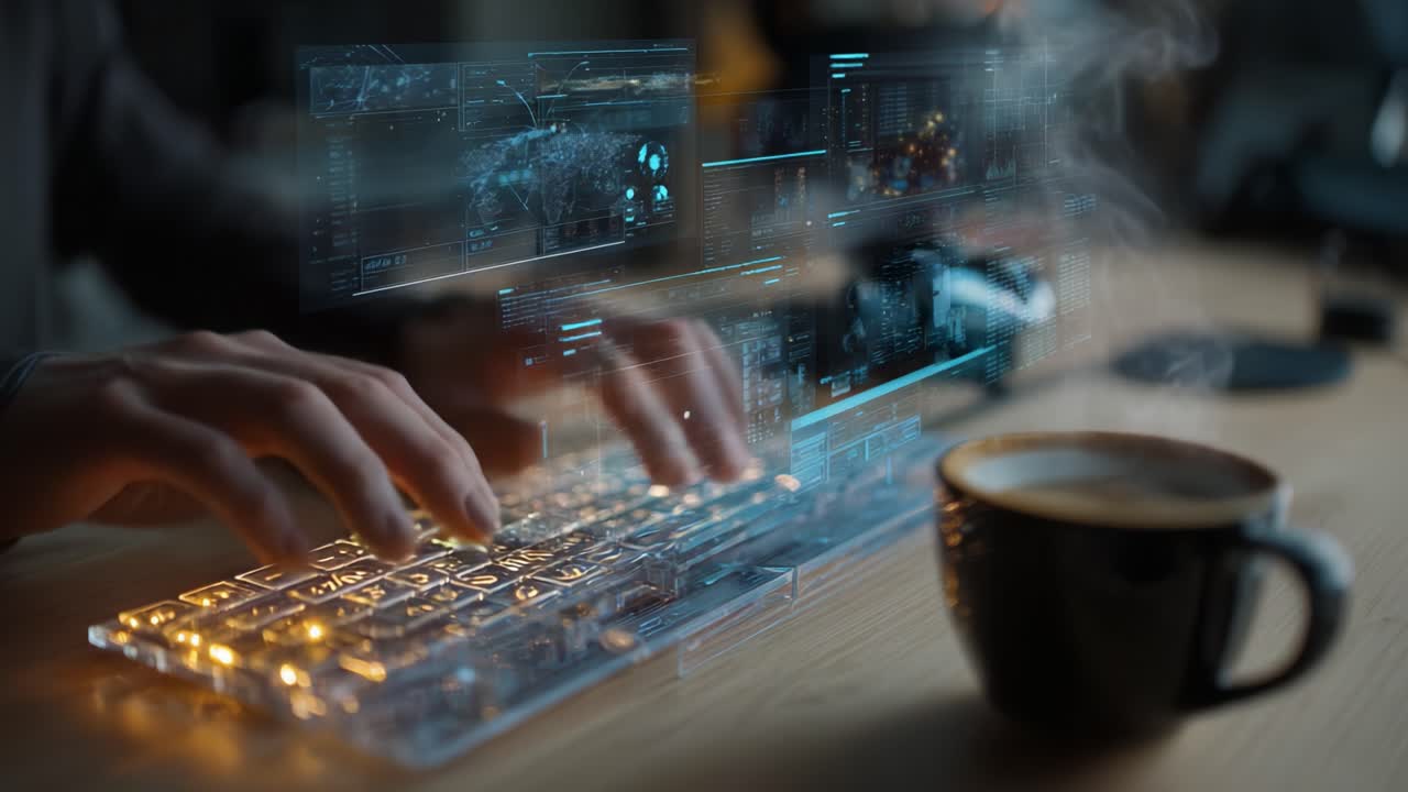 A captivating moment of focused productivity: a person's hands engage with a futuristic transparent keyboard while interacting with digital displays, accompanied by a steaming cup of coffee, exemplifying modern technology and lifestyle