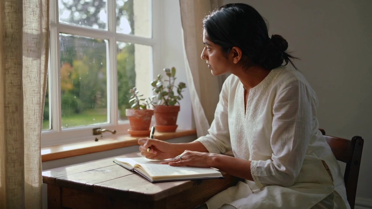 Pen touching notebook starting Indian woman writing at table pausing, gazing out window, copy space