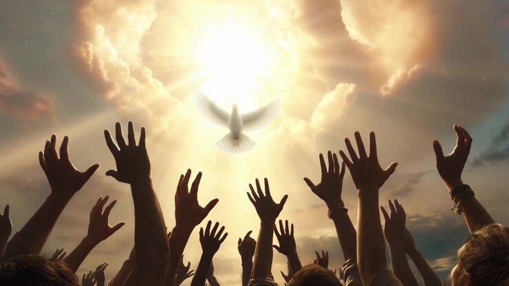 Hands Reaching Up Towards a White Dove Descending from Heavenly Light