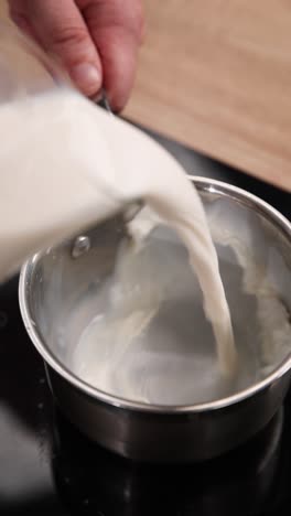 pouring milk into a small pot