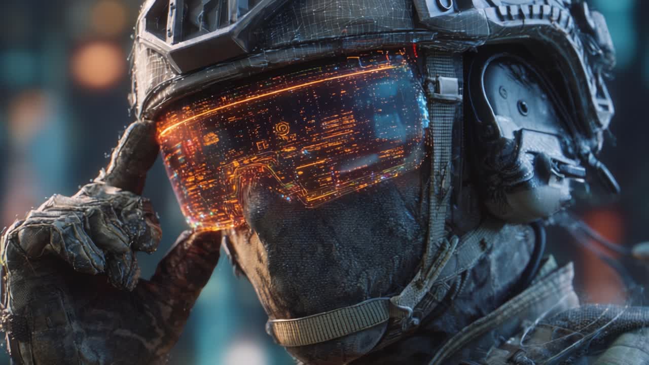 Futuristisk soldat med høyteknologisk hjelm og avansert visirgrensesnitt, fanget i en tankefull positur mot en moderne sci-fi-bakgrunn.