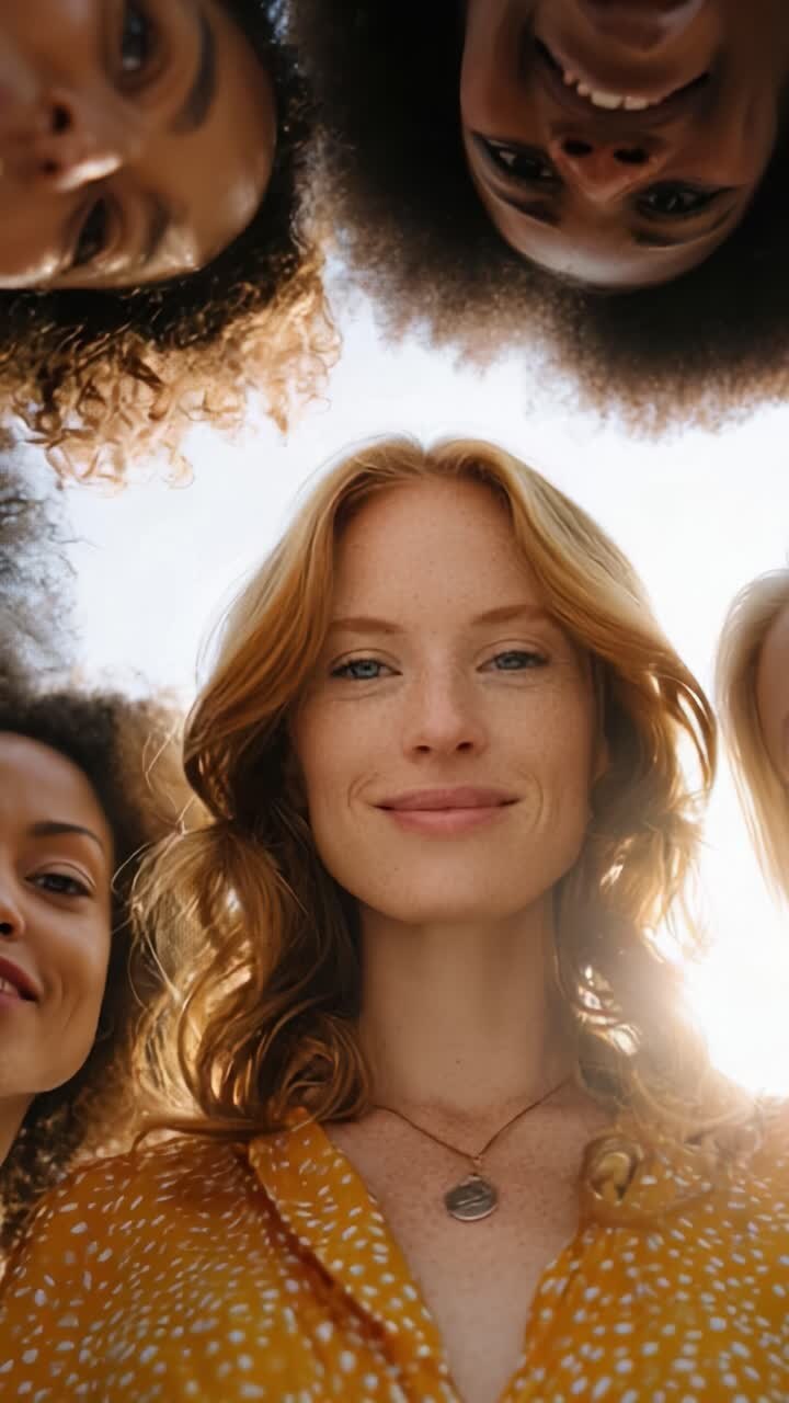 Un gruppo di amici eterogeneo si gode un momento illuminato dal sole, scattando un selfie gioioso dal basso, mettendo in mostra i loro sorrisi e le loro personalità vibranti in un momento spontaneo