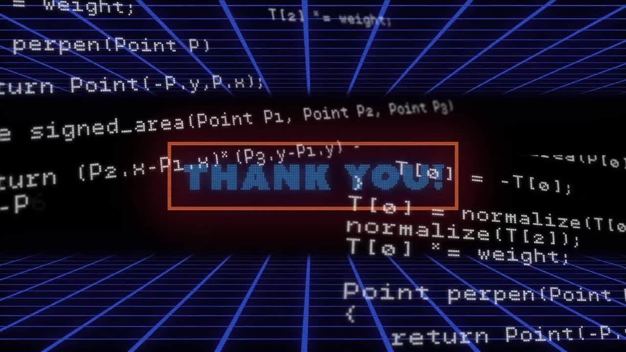Animation of data processing and thank you text on black background