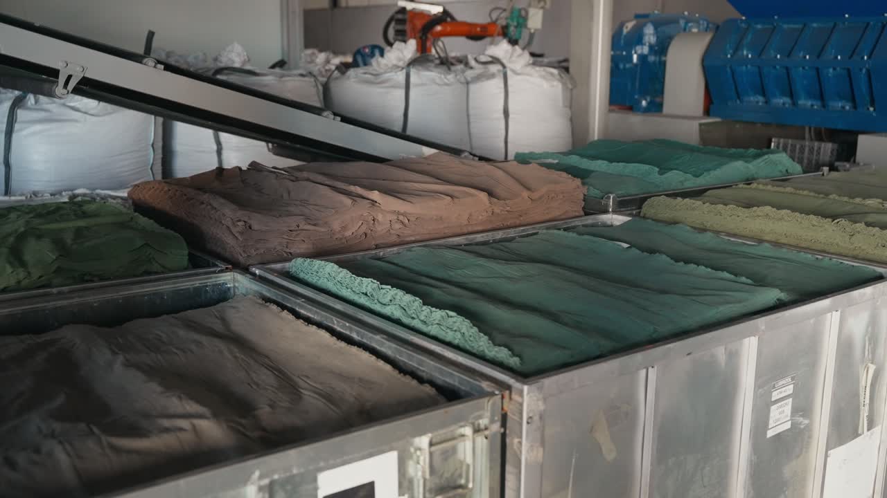varied rubber sheets resting in metal bins inside recycling plant