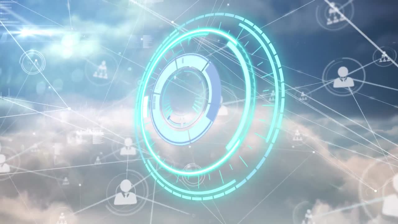 구름과 하늘을 가로지르는 범위 스캔과 연결 네트워크의 애니메이션