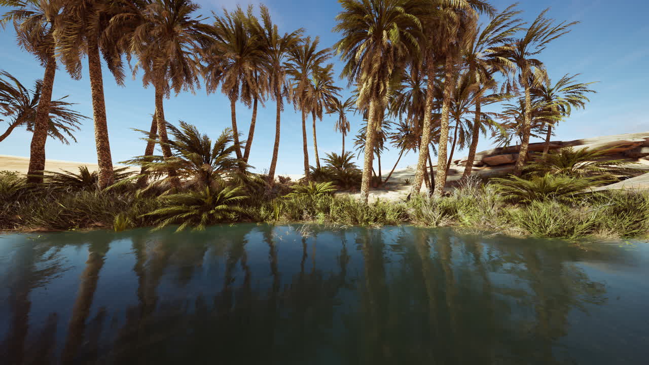 un oasis de estanque de fantasía en un bosque de palmeras