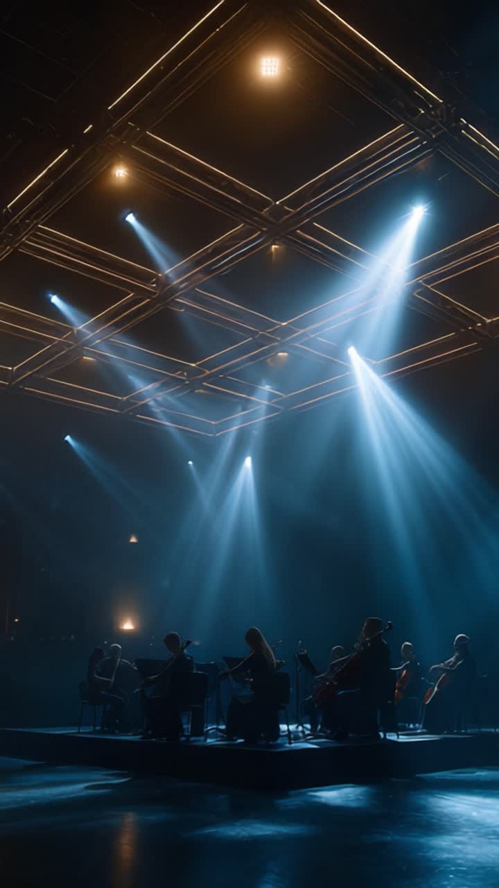 An Elegant Symphony Performance Under Dramatic Lighting Showcasing Musicians Silhouetted Against a Striking Stage Design Emphasizing Art and Talent