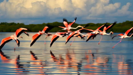 flamingos in flight over water and sky