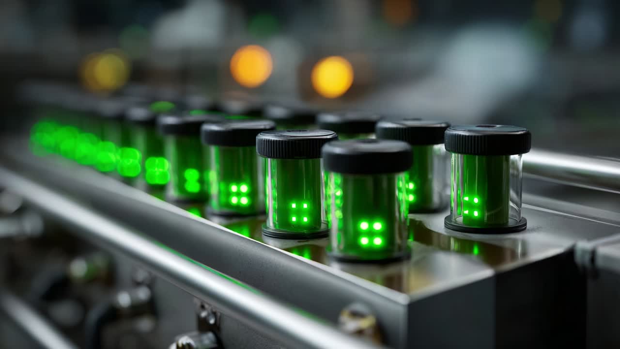 Illuminated Cylinders in a High-Tech Manufacturing Process Showcasing Green LED Indicators, Highlighting Precision Engineering and Technological Advancement in Industrial Automation