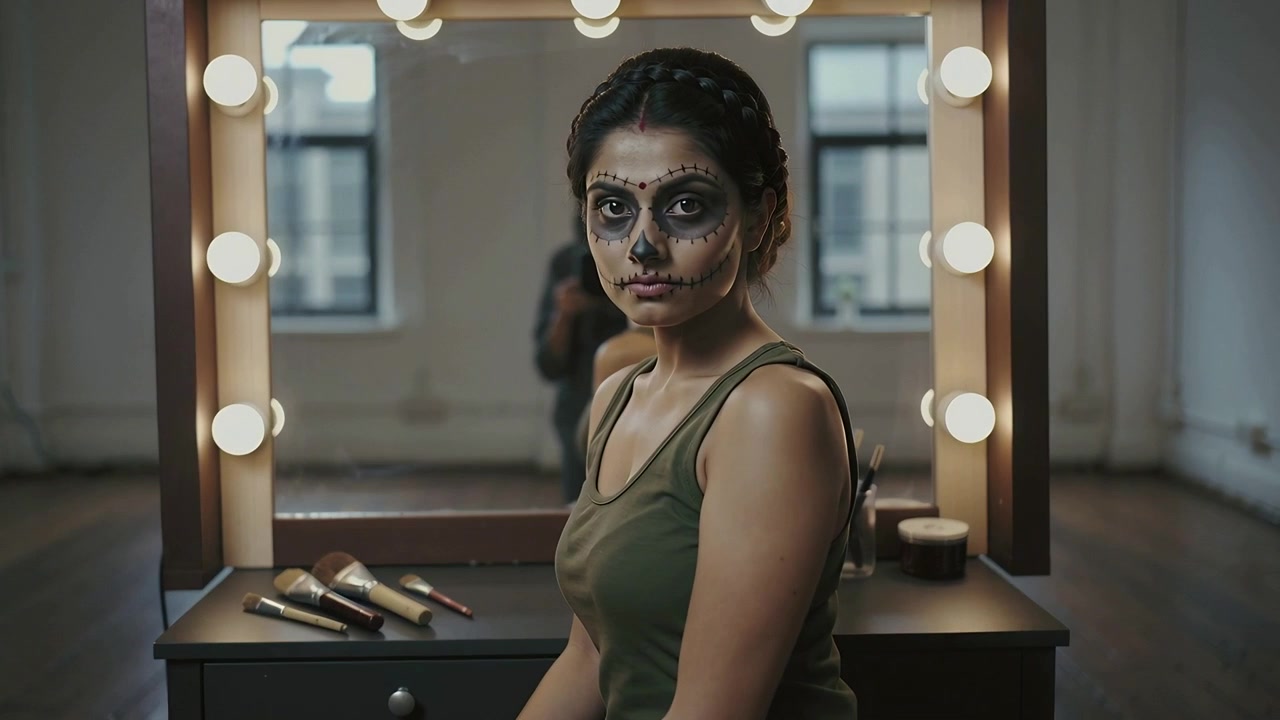 Shifting woman in olive tank at vanity as framing tightens showing sugar-skull makeup with bulbs