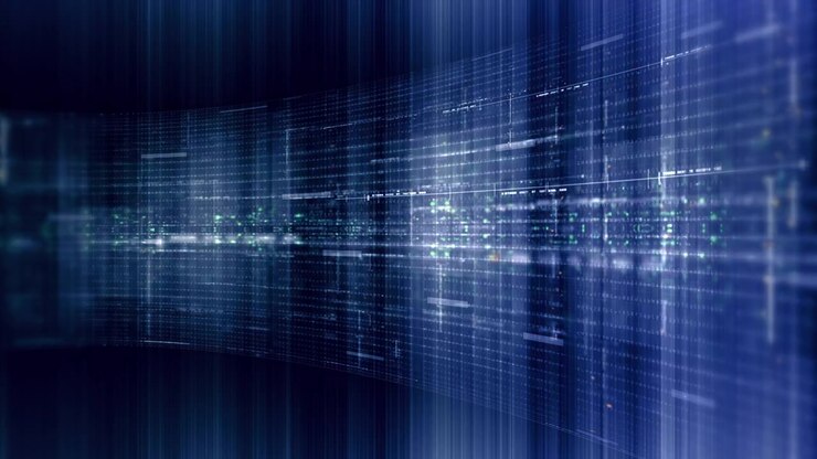 Futuristic data network visualization with glowing digital streams, big data analytics interface, cyber technology background and communication system in curved virtual display