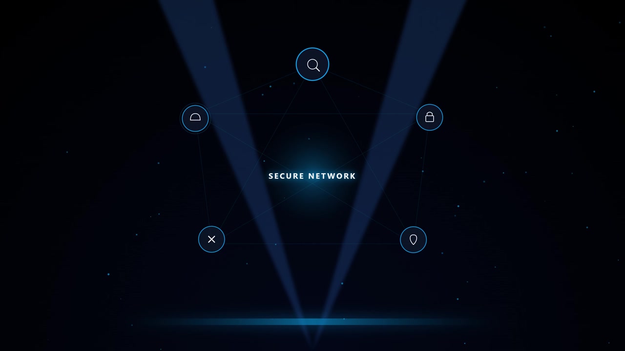 Interface de Rede Segura Digital com Ícones Animados e Conexões de Dados.