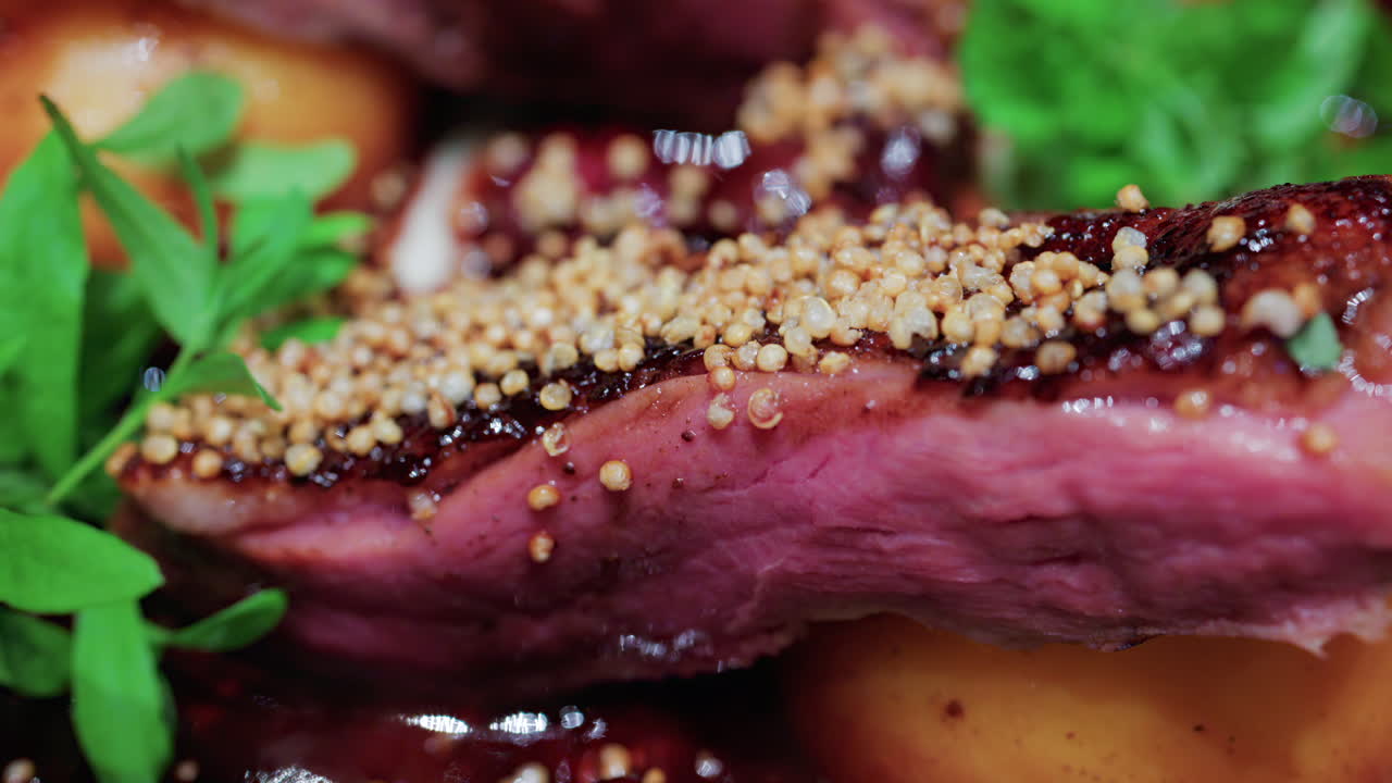 Close up of roasted duck breast plated with caramelized pear, crispy grains, and green herbs