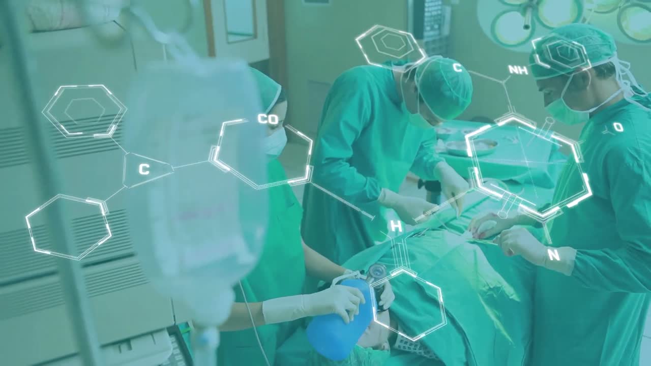수술실에서 외과의사에 대한 화학 공식의 애니메이션