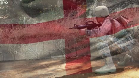 animation of flag of england over caucasian male soldier with weapon