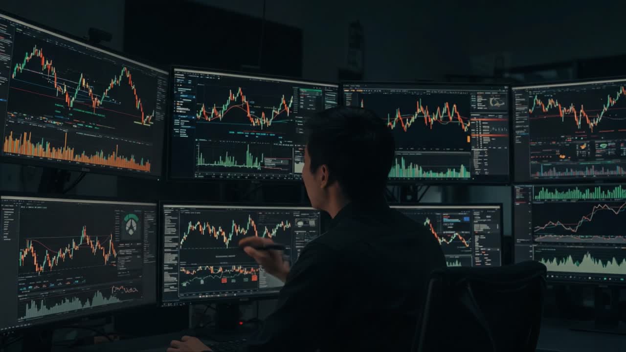 A Focused Trader Analyzing Data on Multiple Monitors in a Dark Ambient Environment, Showcasing Dynamic Stock Market Trends and Advanced Analytics Techniques
