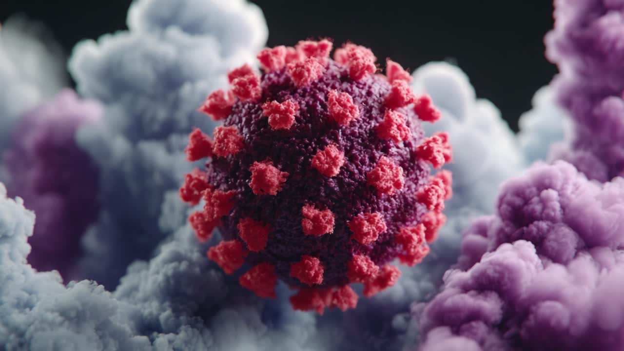 A Visual Representation of the COVID-19 Virus Surrounded by Colorful, Abstract Cloud-like Structures Illustrating the Impact of Disease on Human Health